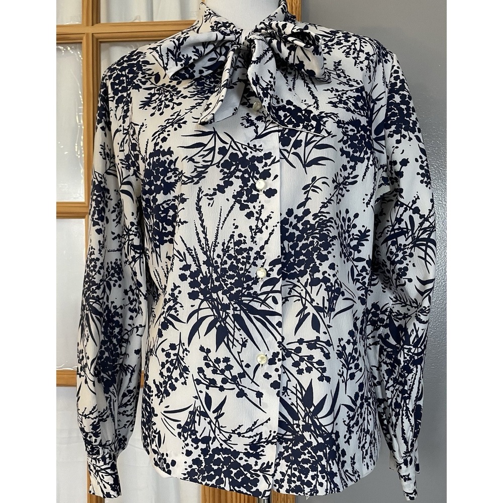 Vtg 80s Glenbrooke Floral Blouse XL White Blue Bow Tie Neck Long Sleeve Career